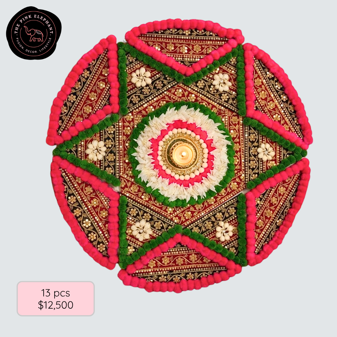 Green and Pink Star Pom Pom Rangoli Set