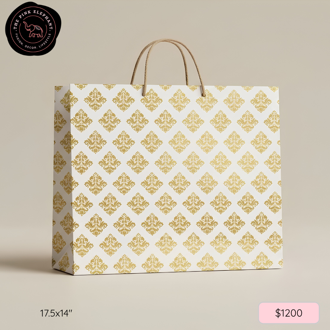 White and Gold Damask Print Gift Bag Large 17.5" x 14" x 4"