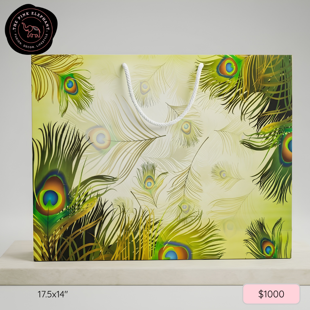 Green Peacock Feathers Gift Bag Large 17.5" x 14" x 4"