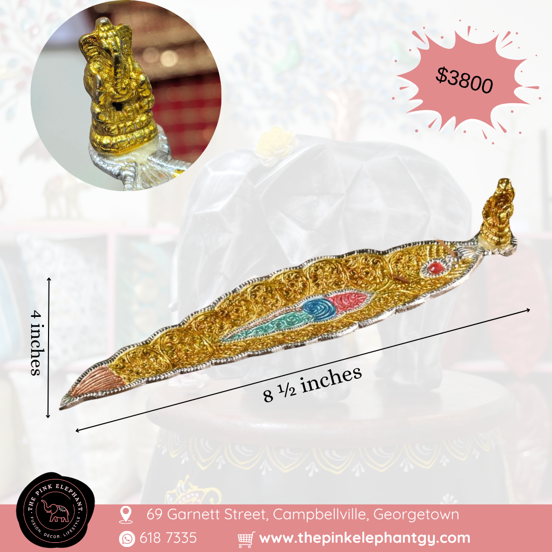 Metal Leaf Incense Holder with Ganesh - Gold
