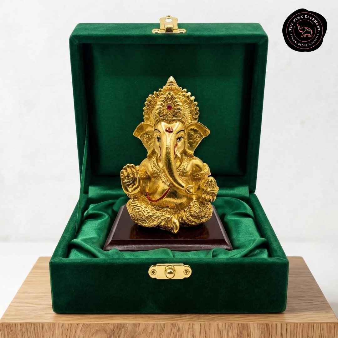Silver Plated Gold Finish Ganesha Idol 4 inch on Wooden Base