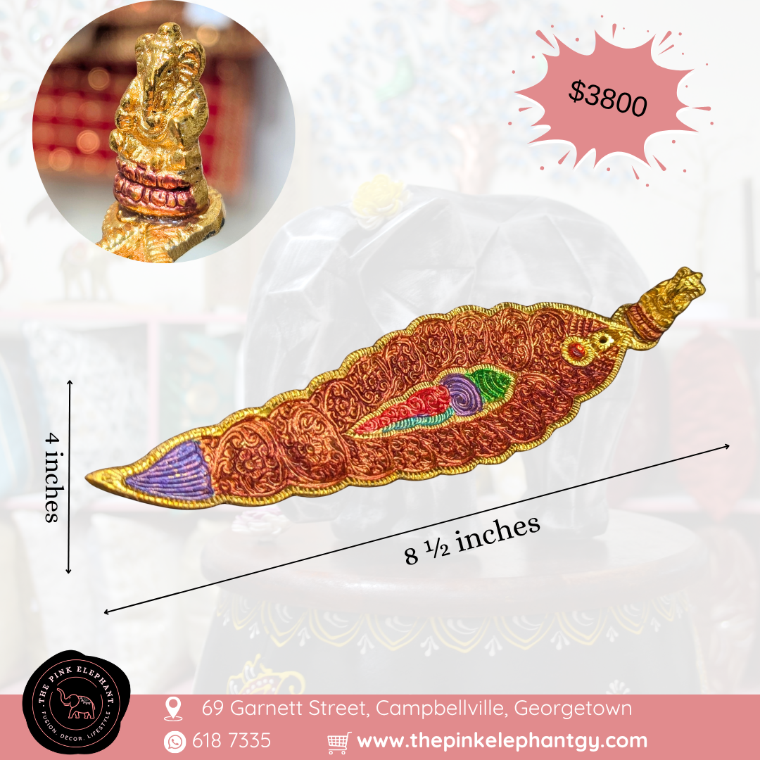 Metal Leaf Incense Holder with Ganesh - Bronze