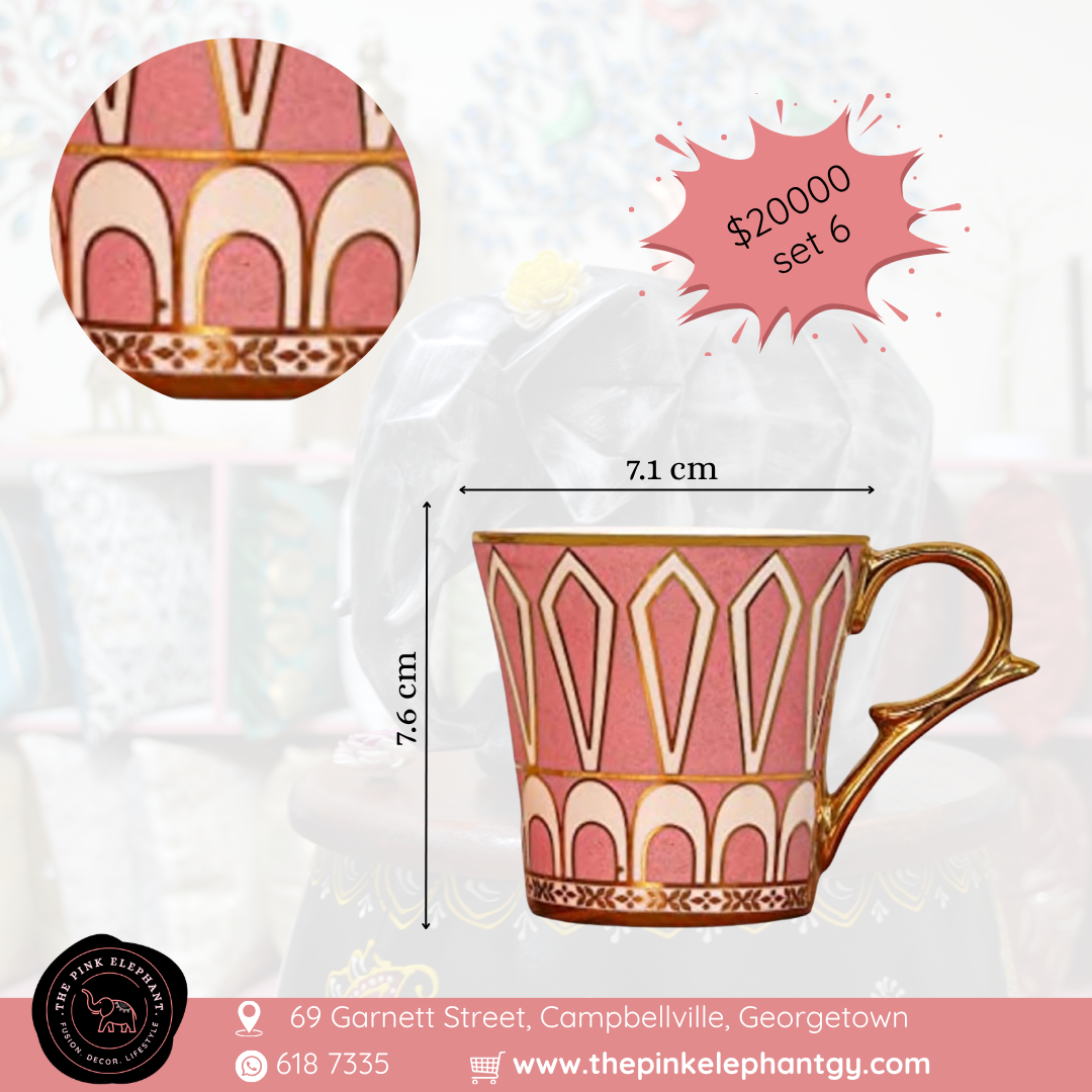 Pink and White Gold Trim Cup Set 6