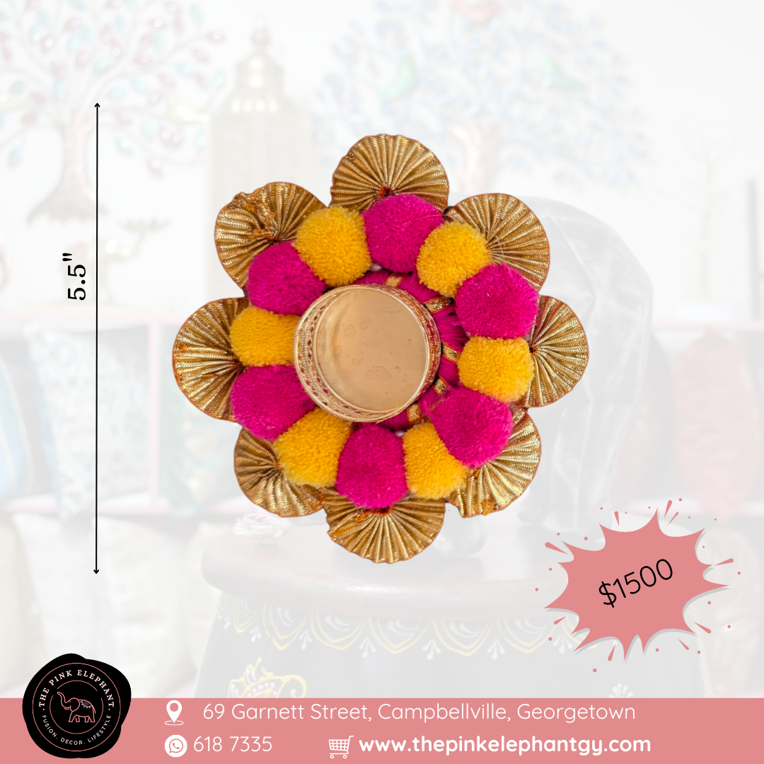 Tealight Pink and Yellow Pom Pom Rangoli 5"