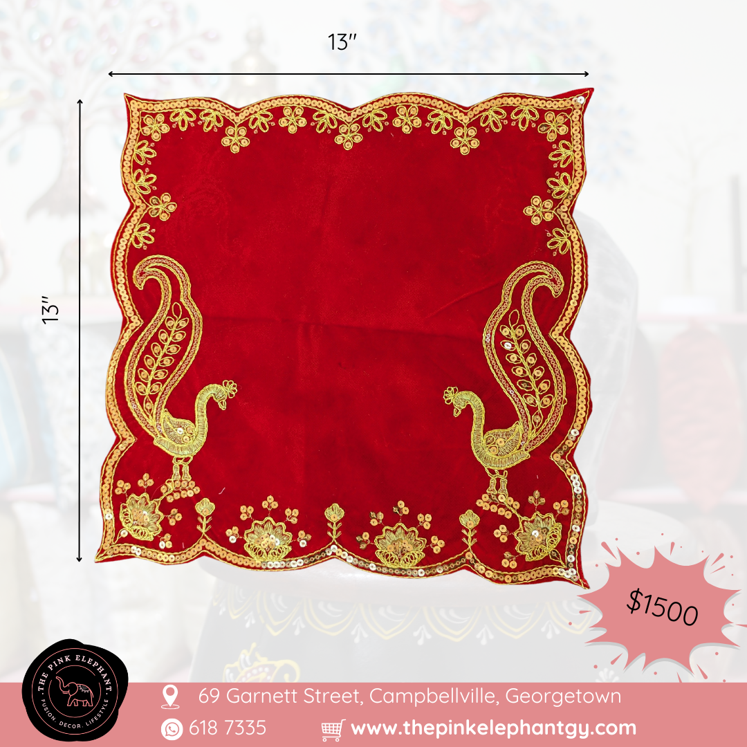 Red Square Peacock Puja/Aasan Cloth 13"