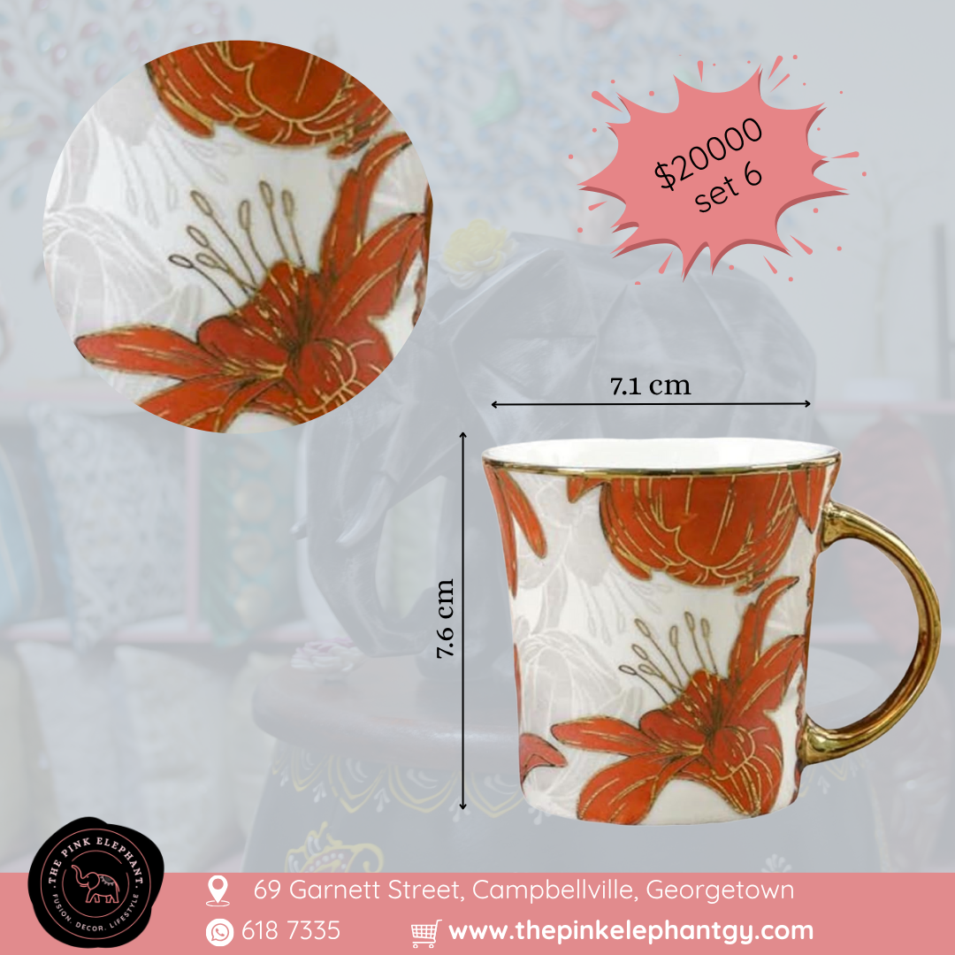 Red and White Lily Gold Trim Cup Set 6
