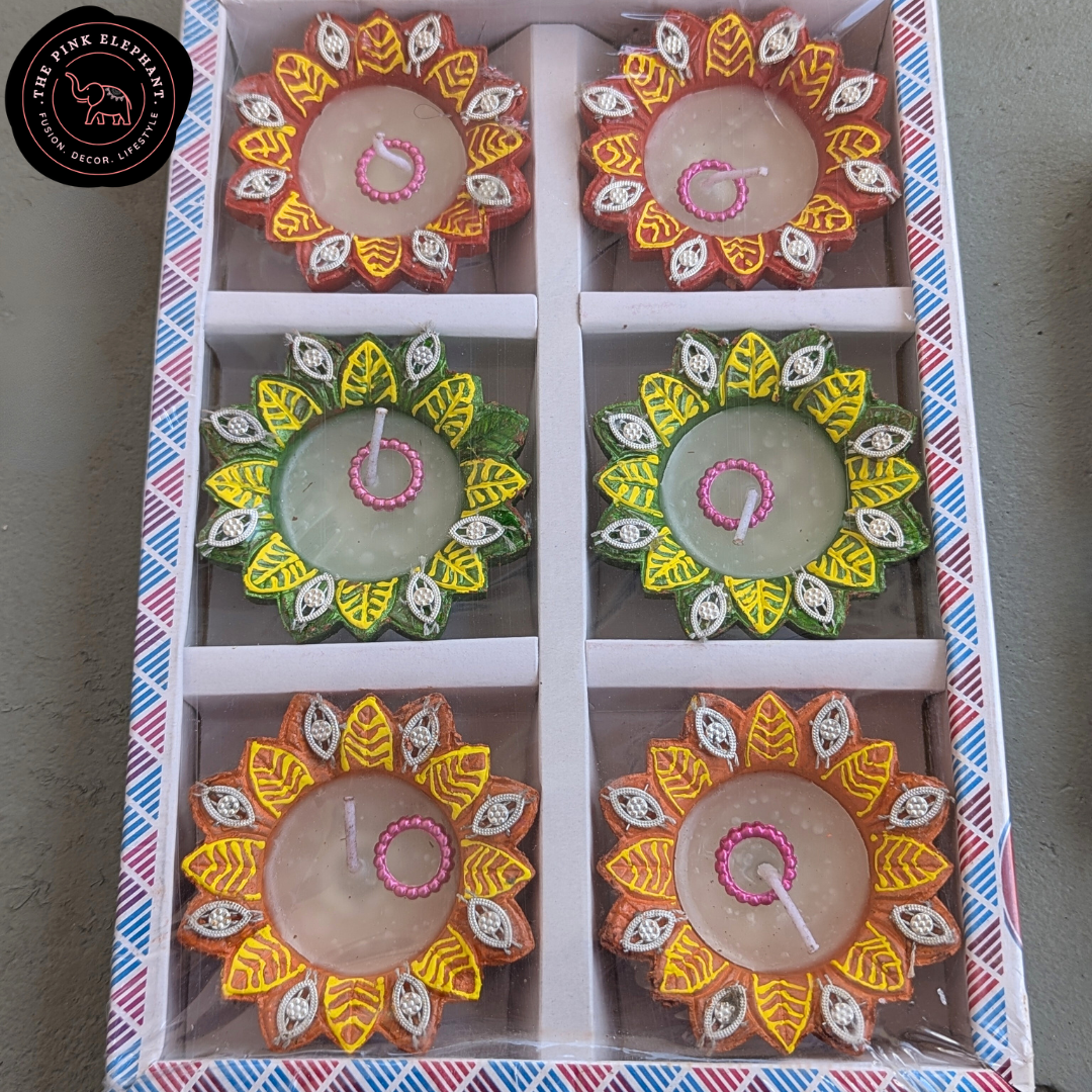 Terracotta Flower Wax Diya Set 6 D62