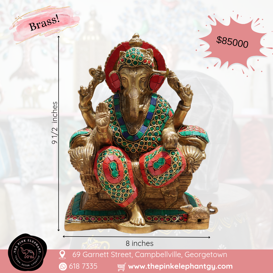 Brass Ganesh Statue with Decorative Stones Large