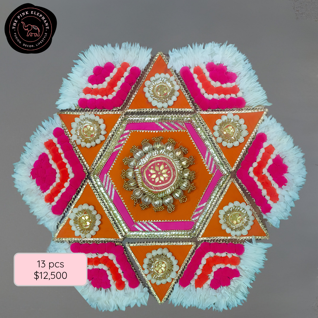 White Orange and Pink Pom Pom Rangoli Set