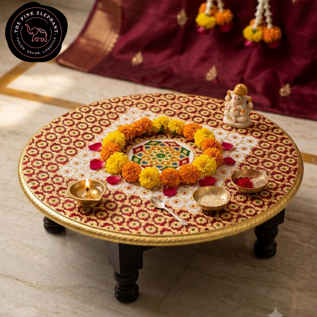 Meenakari Red Mandala Round Chowki 18"