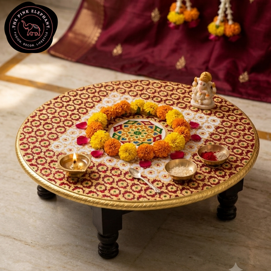 Meenakari Red Mandala Round Chowki 18"