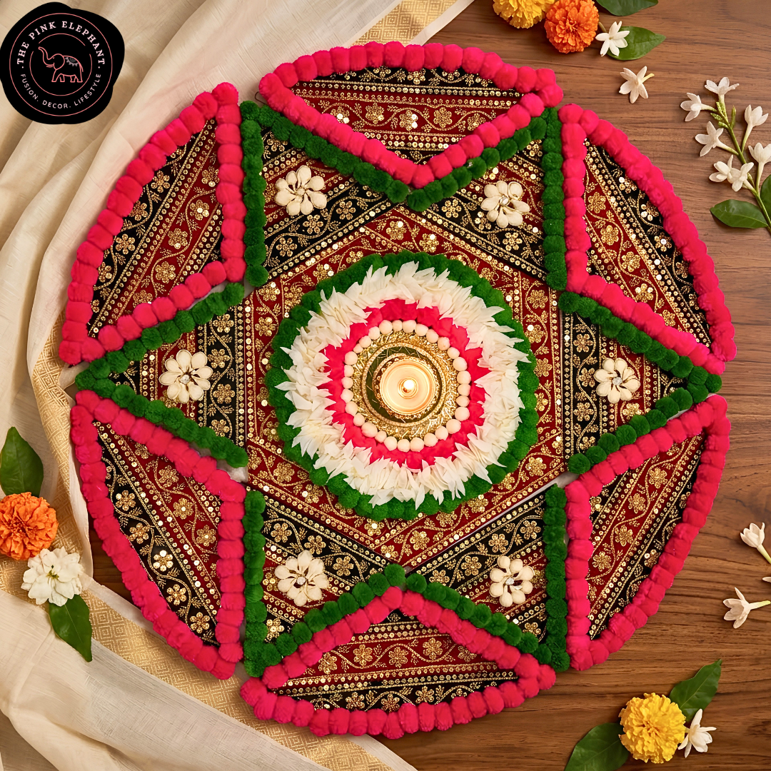 Green and Pink Star Pom Pom Rangoli Set