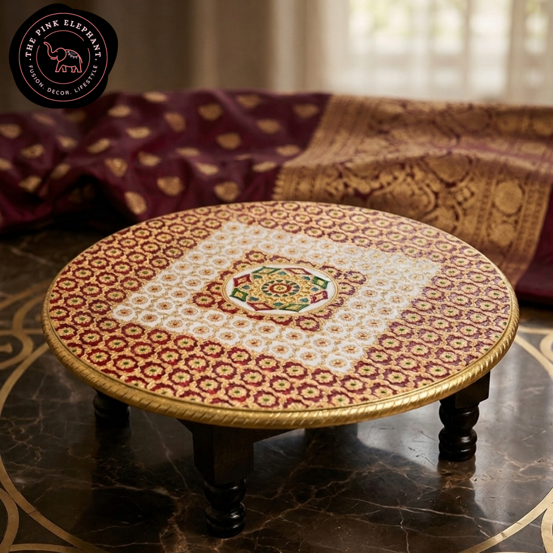 Meenakari Red Mandala Round Chowki 18"