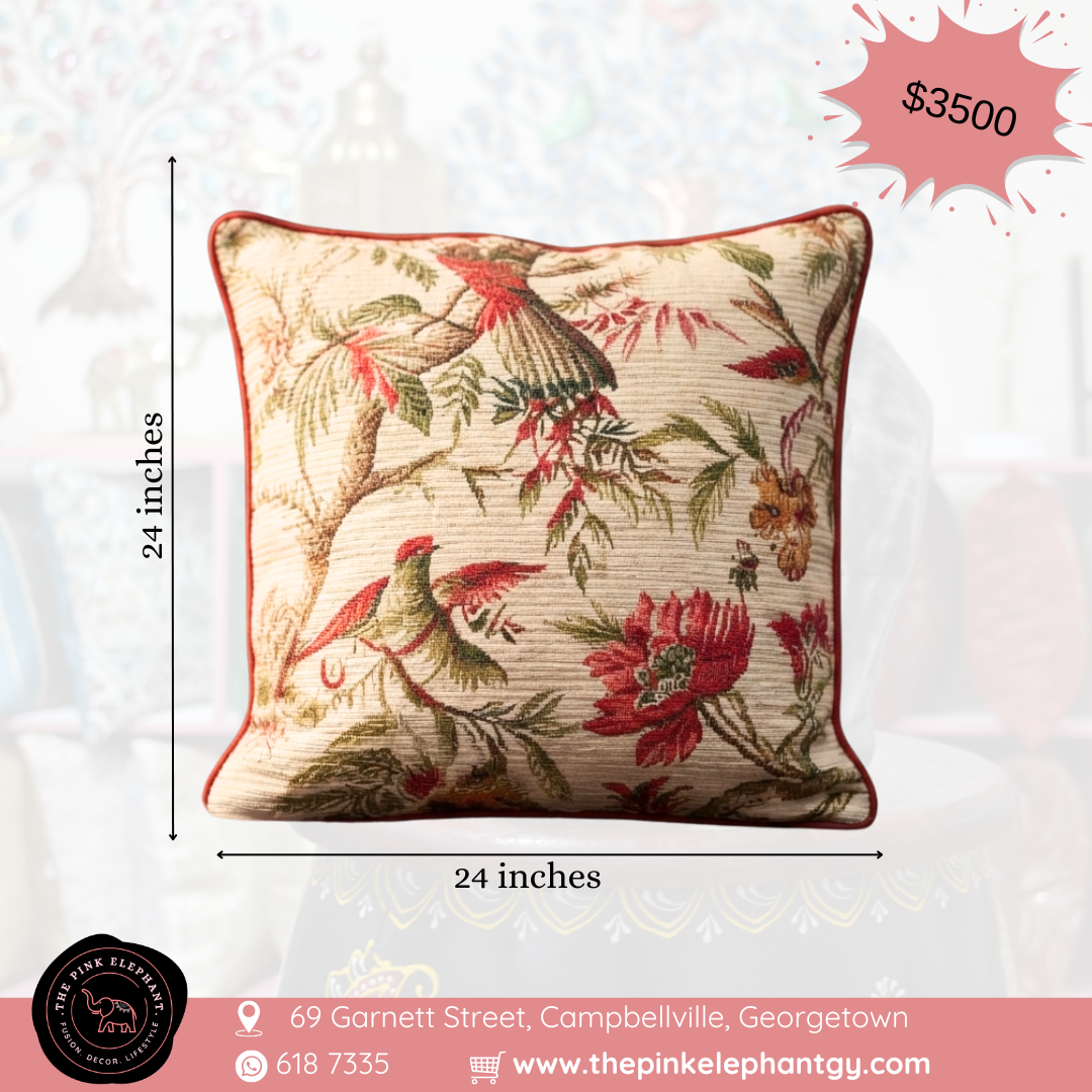 Crimson Blossom & Bird Tapestry Cushion Cover-24''