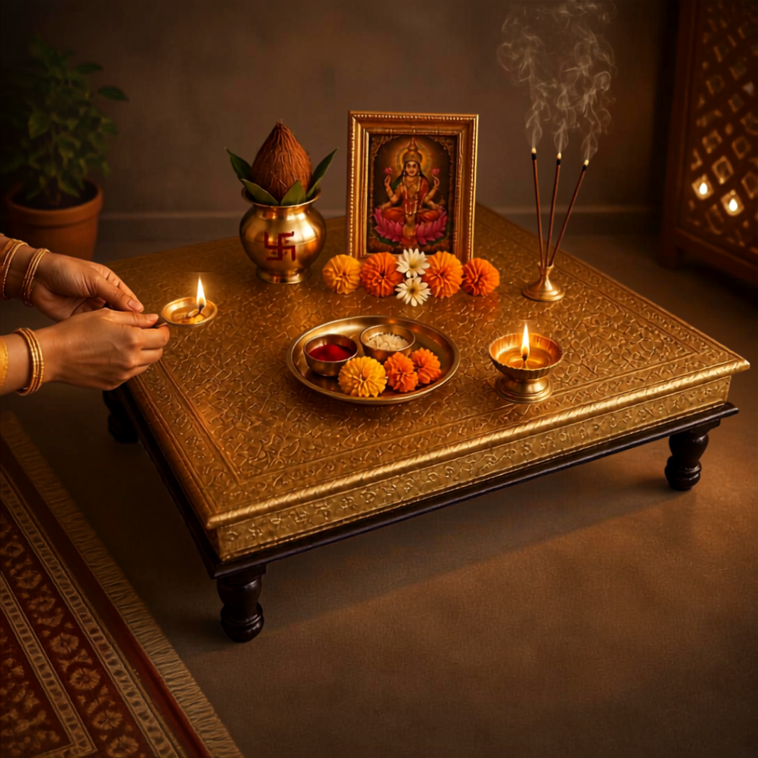 Brass Fitted Puja Table Chowki 24"