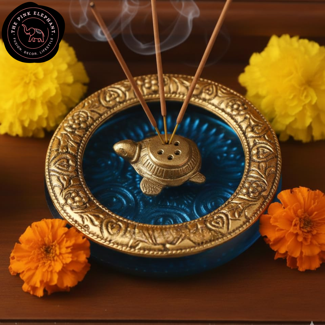 Glass Incense Holder w/ Gold Design - Blue