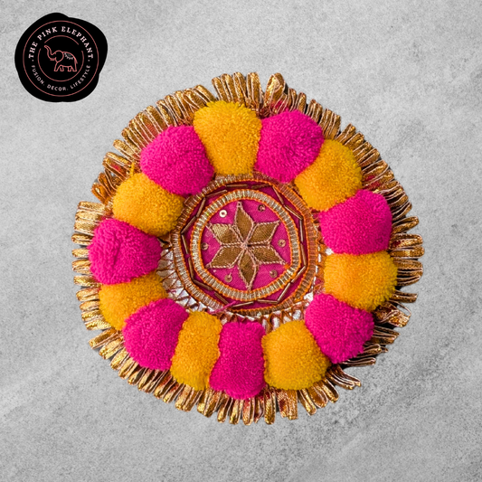 Small Circle Pink and Yellow Pom Pom Rangoli 6"