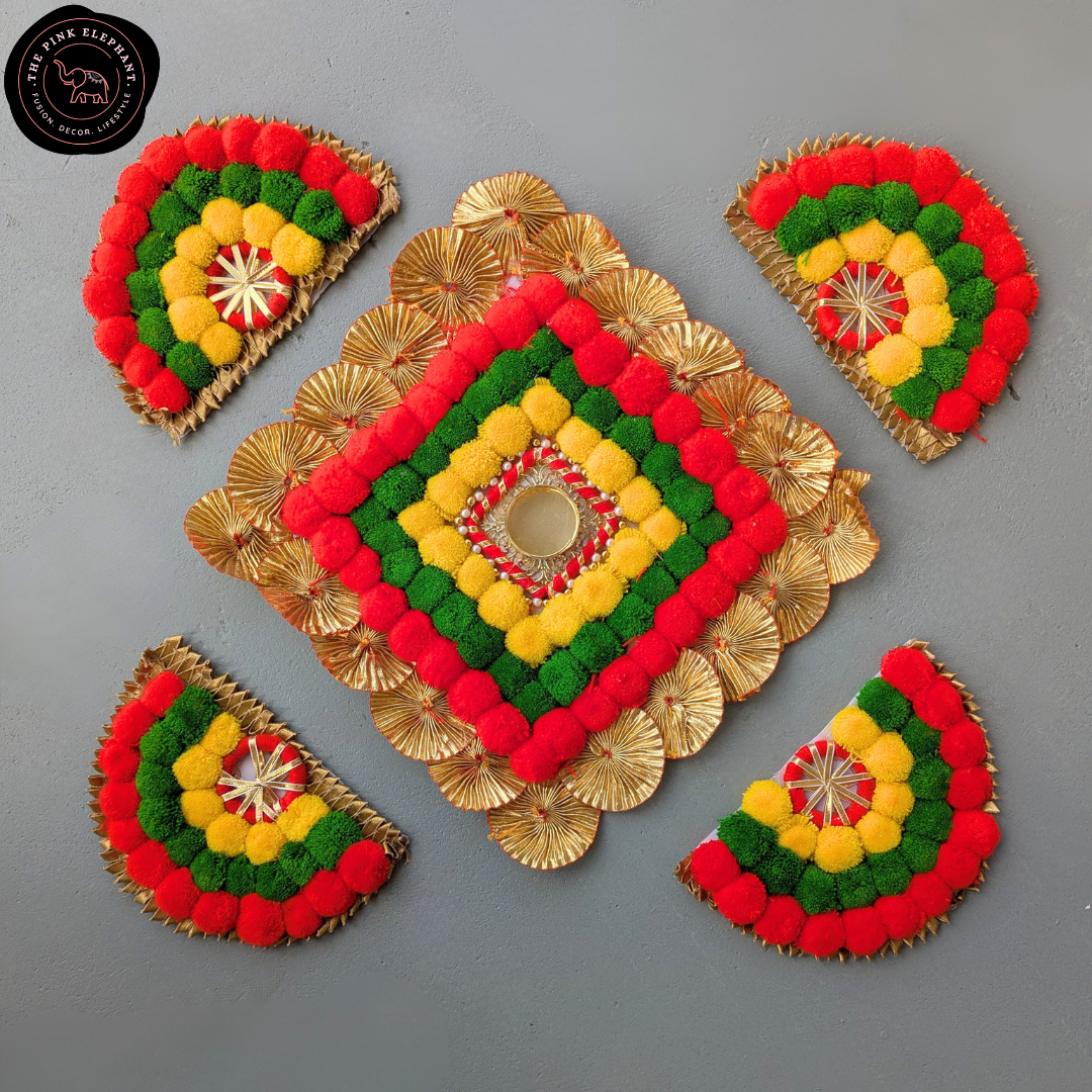 5 Piece Semi Circle RGY Set Pom Pom Rangoli