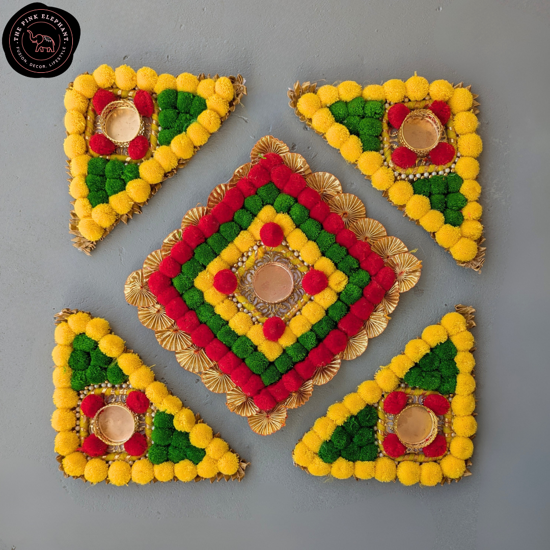 5 piece Triangle RGY Set Pom Pom Rangoli