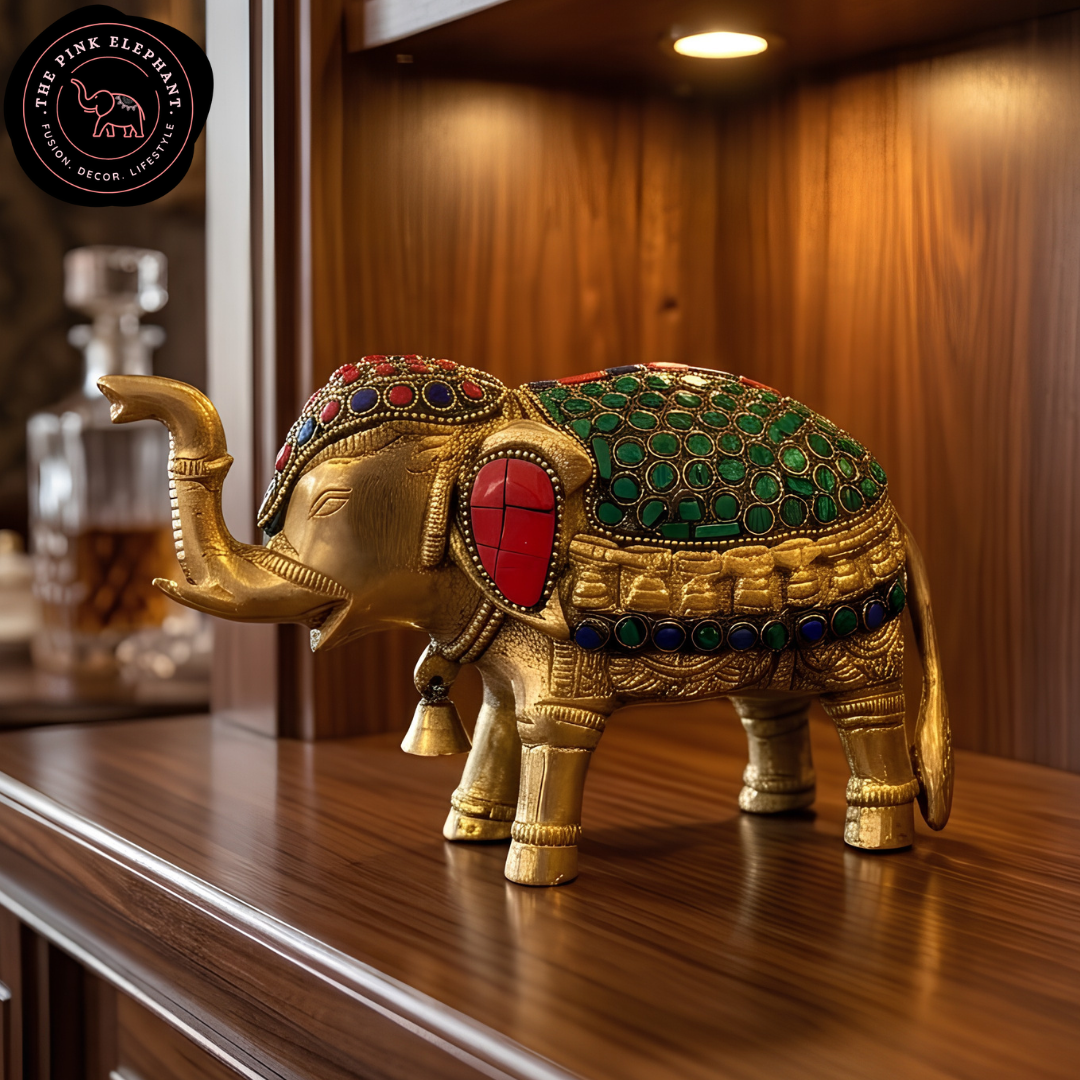 Brass Elephant with Multicolor Stones