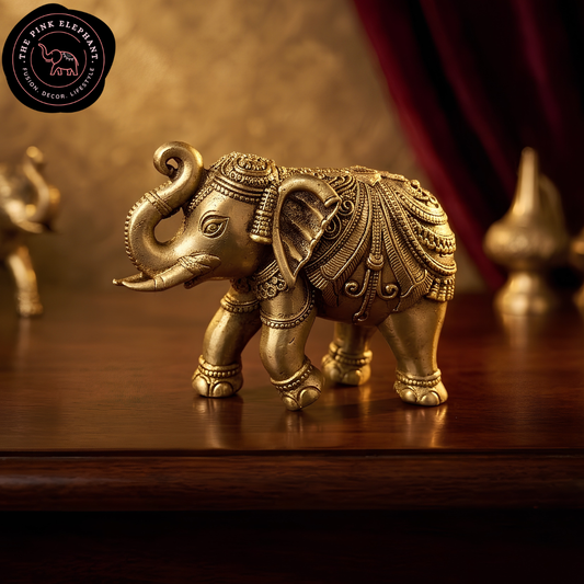 Brass Elephant Trunk Up Statue Gold Finish 6"