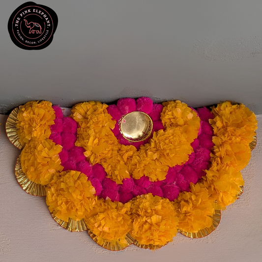 Semi Circular Pink and Yellow  Pom Pom Rangoli