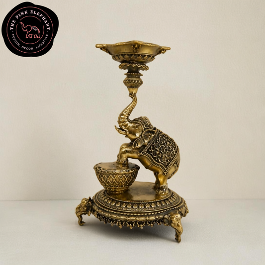 Brass Standing Elephant Trunk Up Diya Intricate