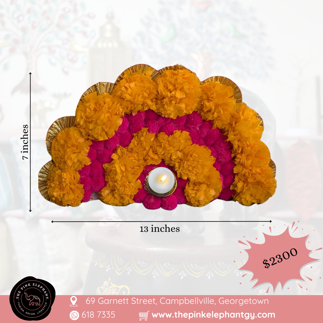 Semi Circular Pink and Yellow  Pom Pom Rangoli