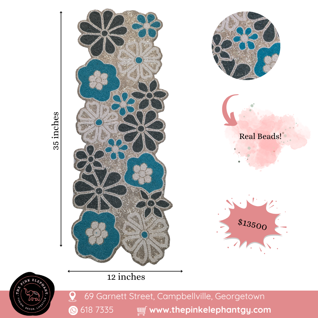 Blue Flowers Beaded Table Runner