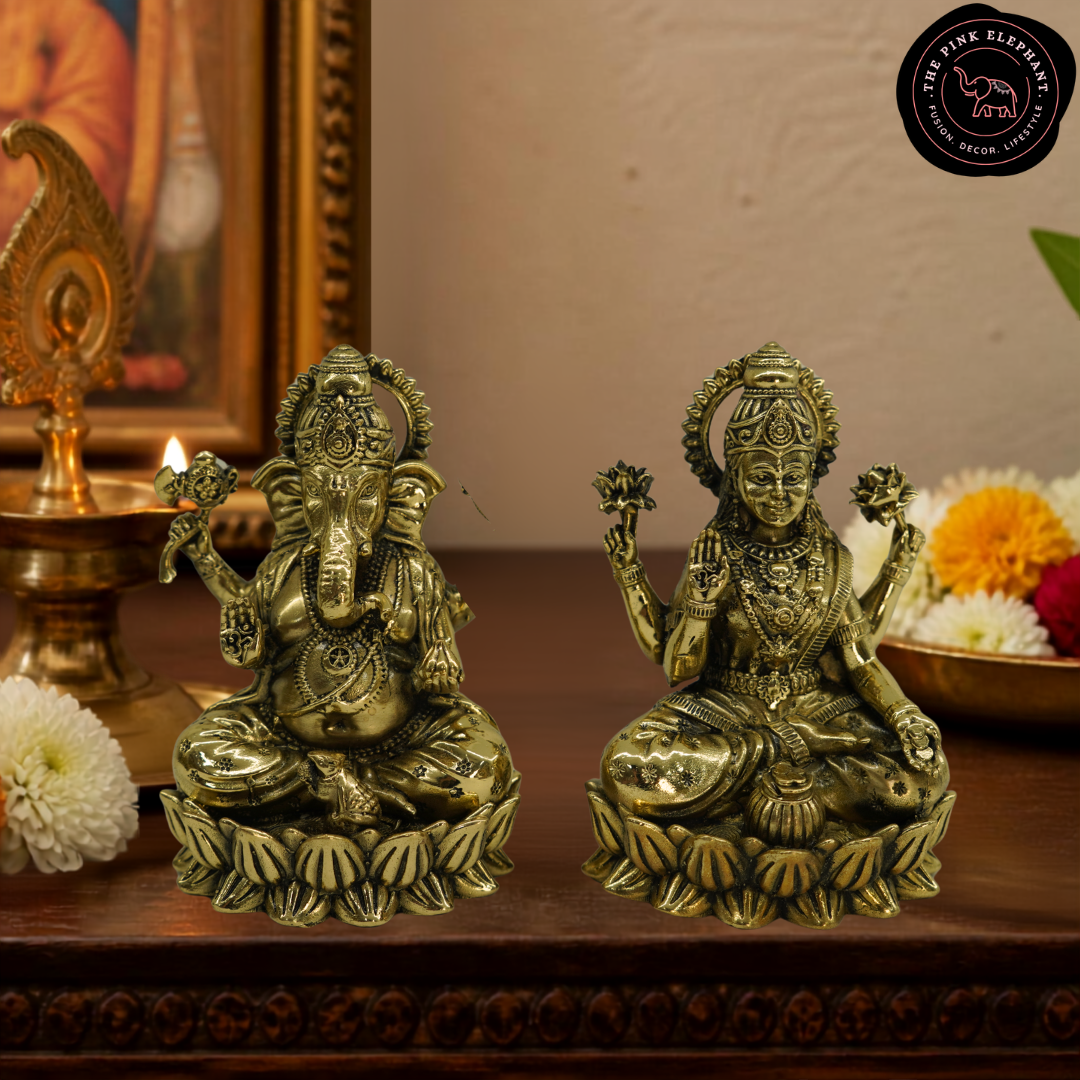 Brass Laxmi Ganesh Statue Pair Lotus Bottom