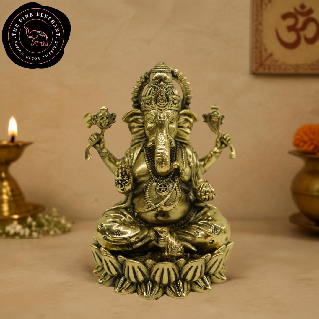 Brass Laxmi Ganesh Statue Pair Lotus Bottom