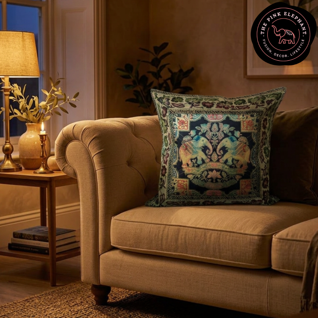 Silk Black and Gold Elephant Cushion Cover 16"x 16"