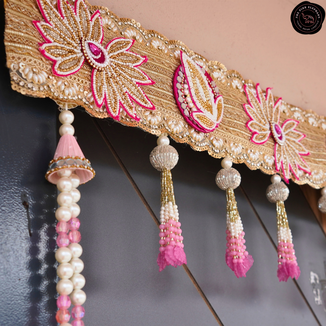 Heavy Beaded Bhandanwar Pink/Red Flower Cloth Toran - 4460