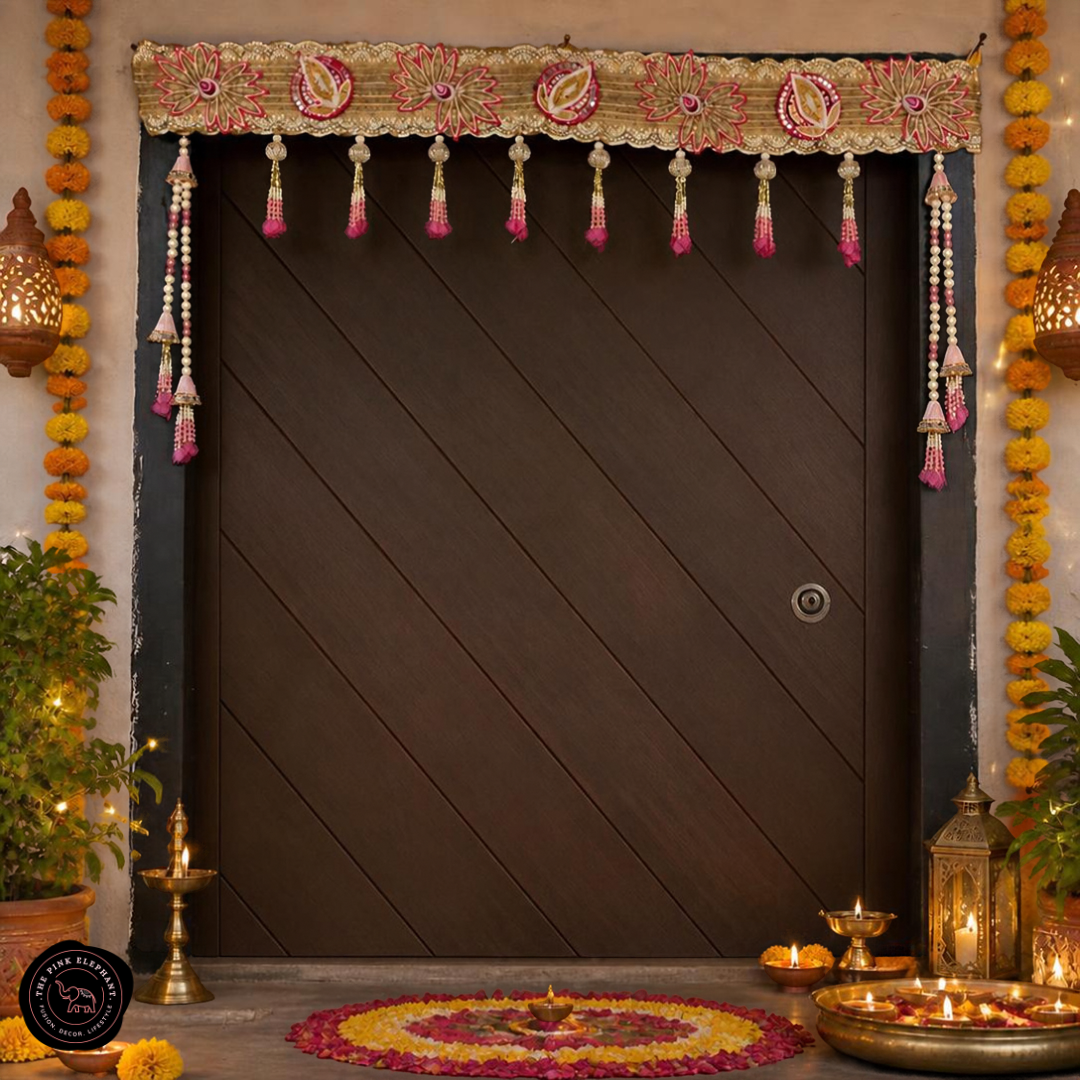 Heavy Beaded Bhandanwar Pink/Red Flower Cloth Toran - 4460