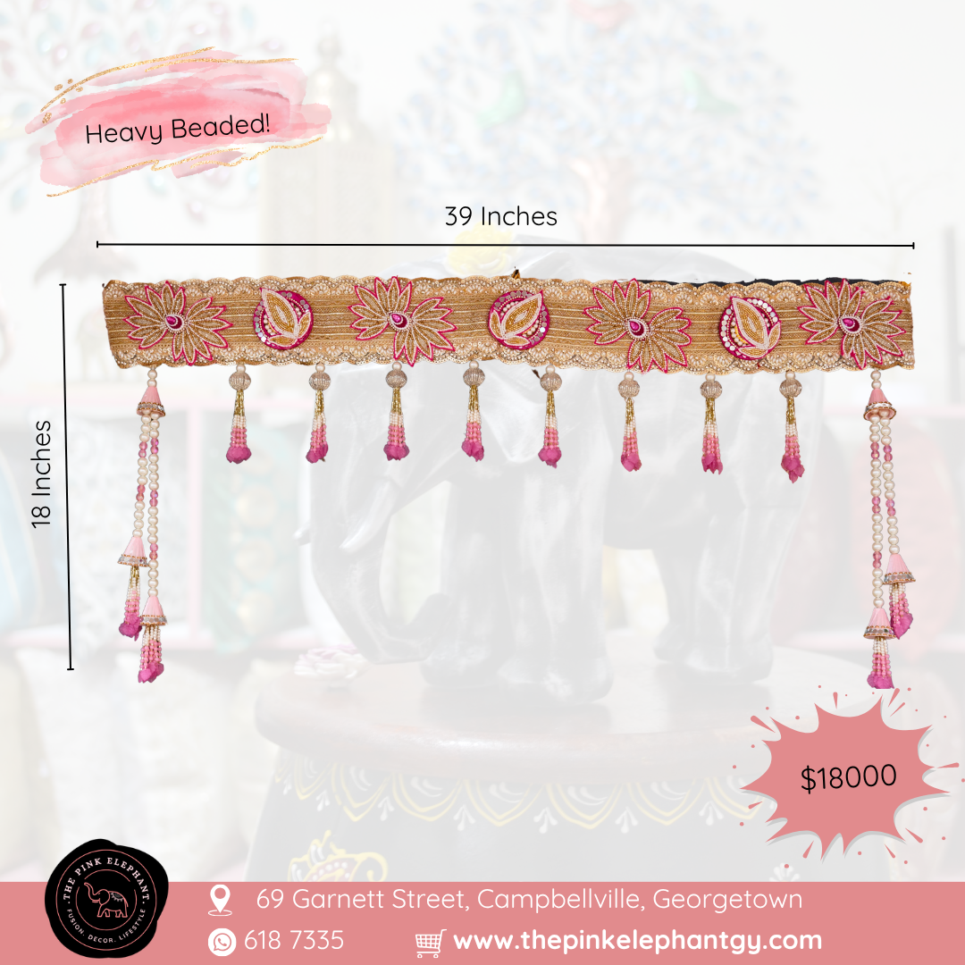 Heavy Beaded Bhandanwar Pink/Red Flower Cloth Toran - 4460