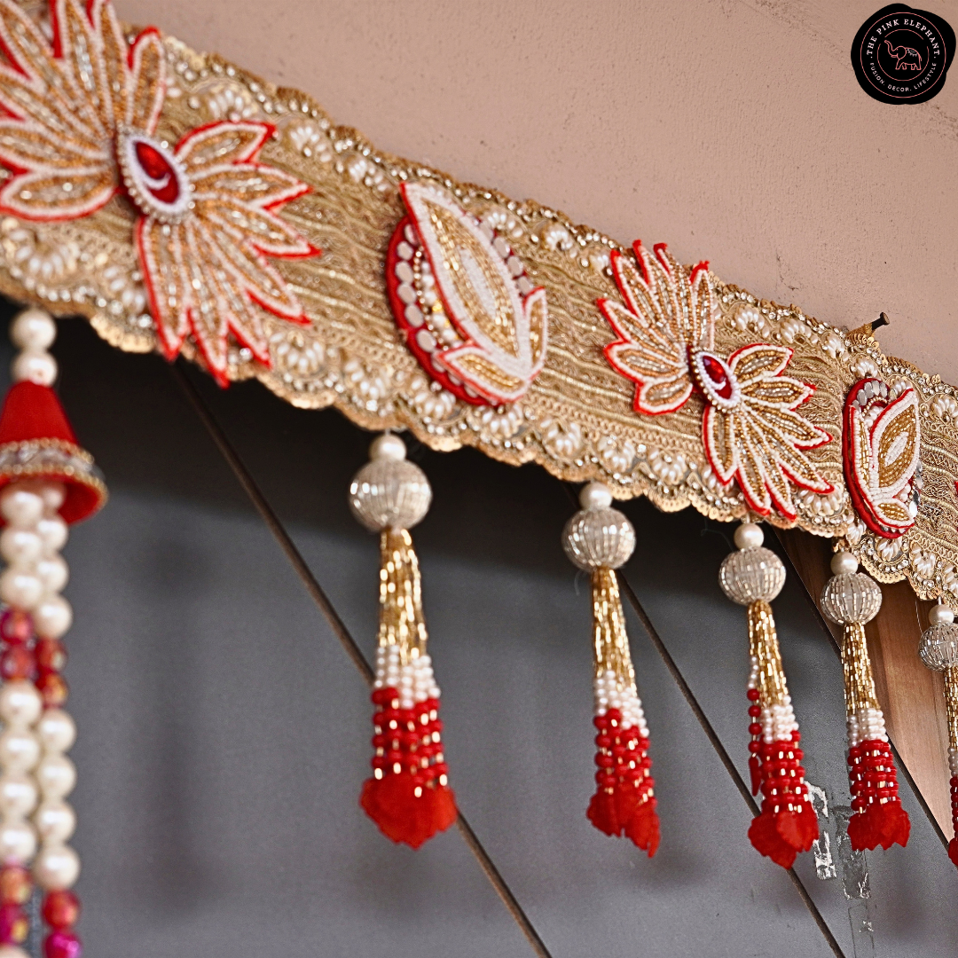 Heavy Beaded Bhandanwar Pink/Red Flower Cloth Toran - 4460