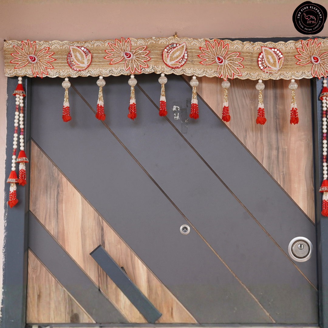 Heavy Beaded Bhandanwar Pink/Red Flower Cloth Toran - 4460
