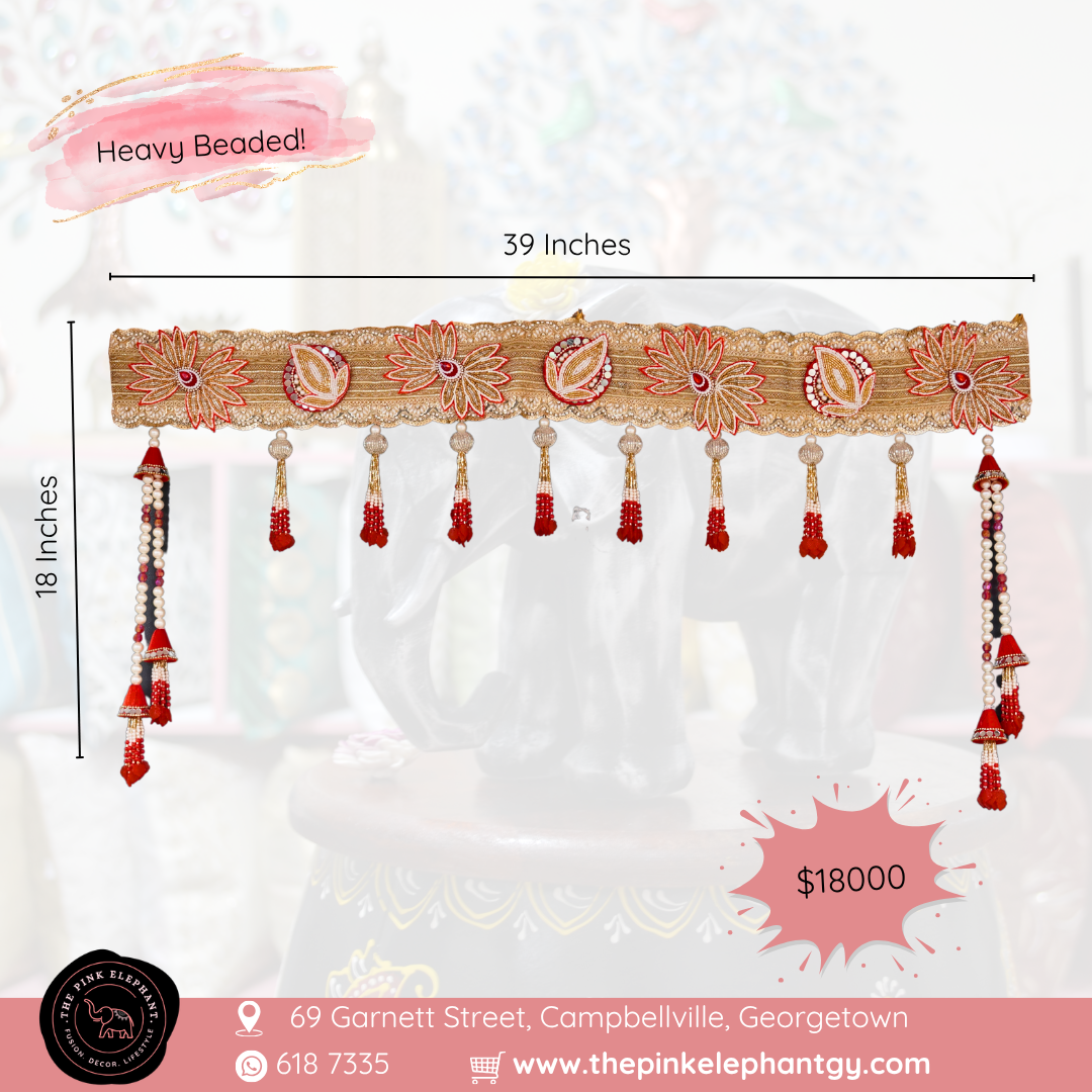 Heavy Beaded Bhandanwar Pink/Red Flower Cloth Toran - 4460