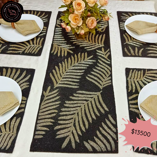 Black Feather Beaded Table Runner