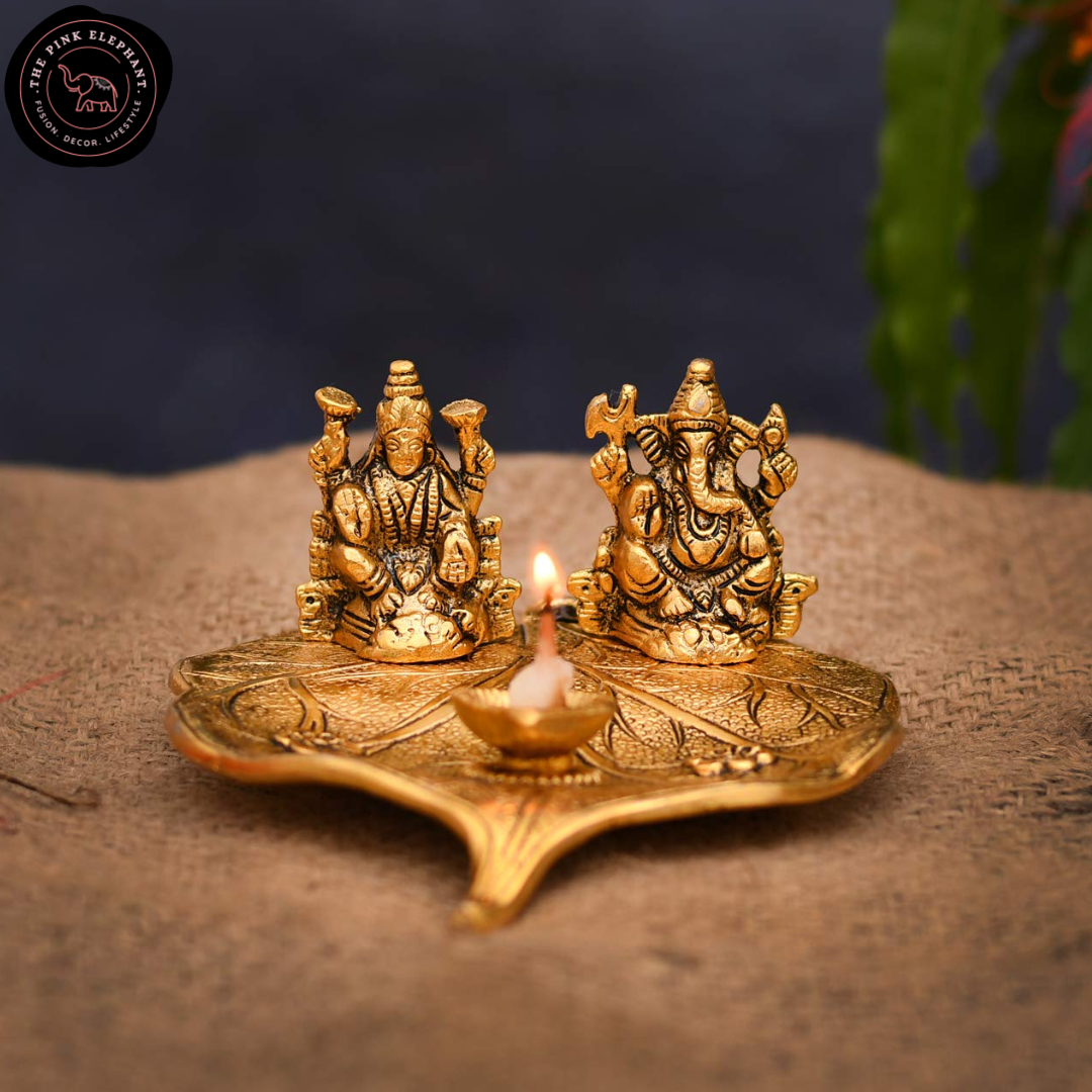Laxmi and Ganesh Leaf Diya Figurine
