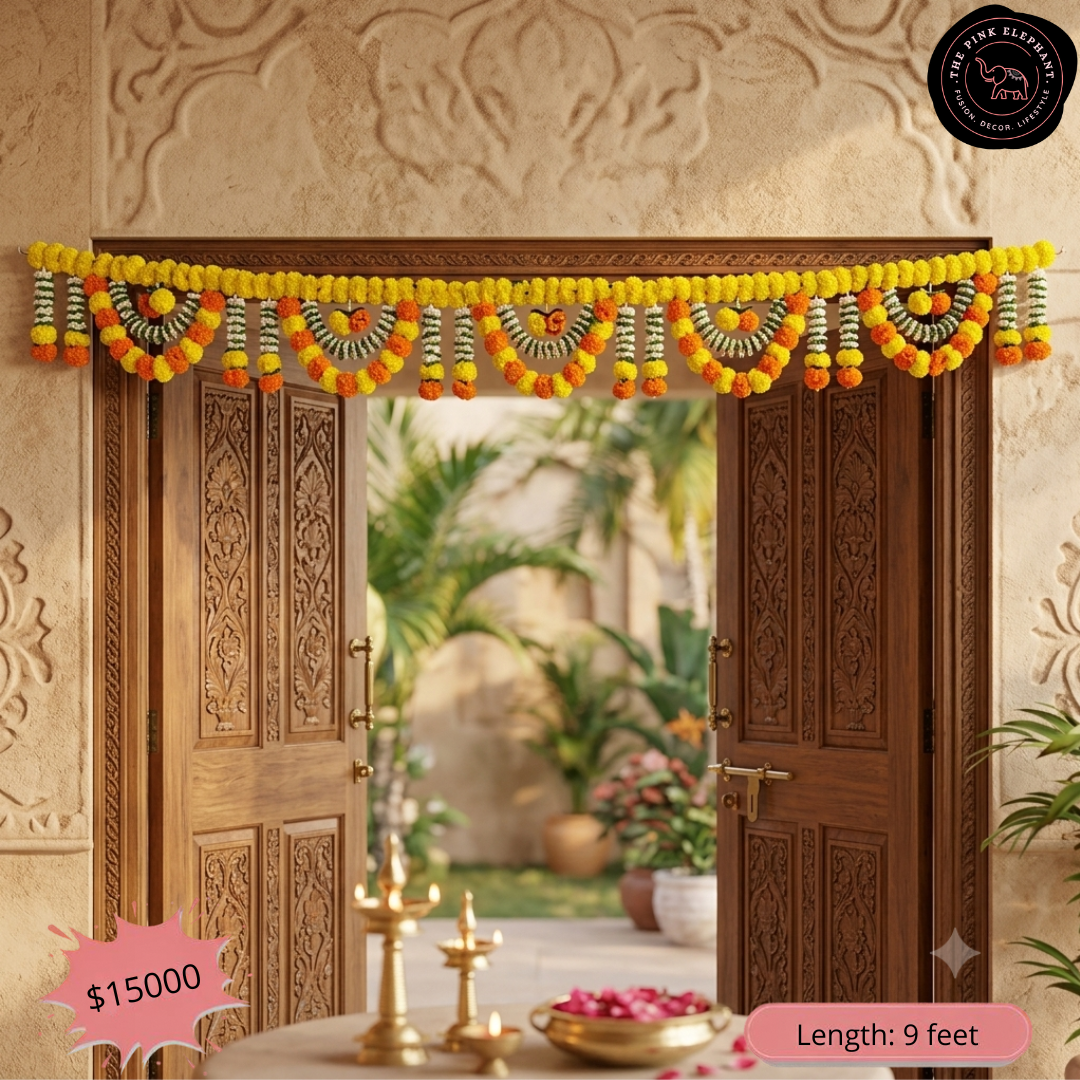 Yellow Marigold & Mogra w Folded Mango Leaf Toran 5120 9 ft