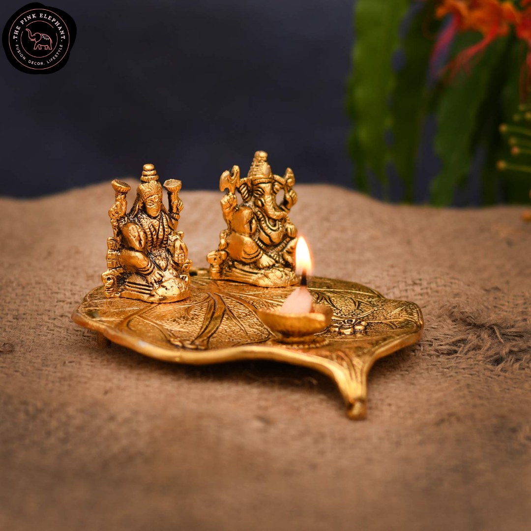 Laxmi and Ganesh Leaf Diya Figurine