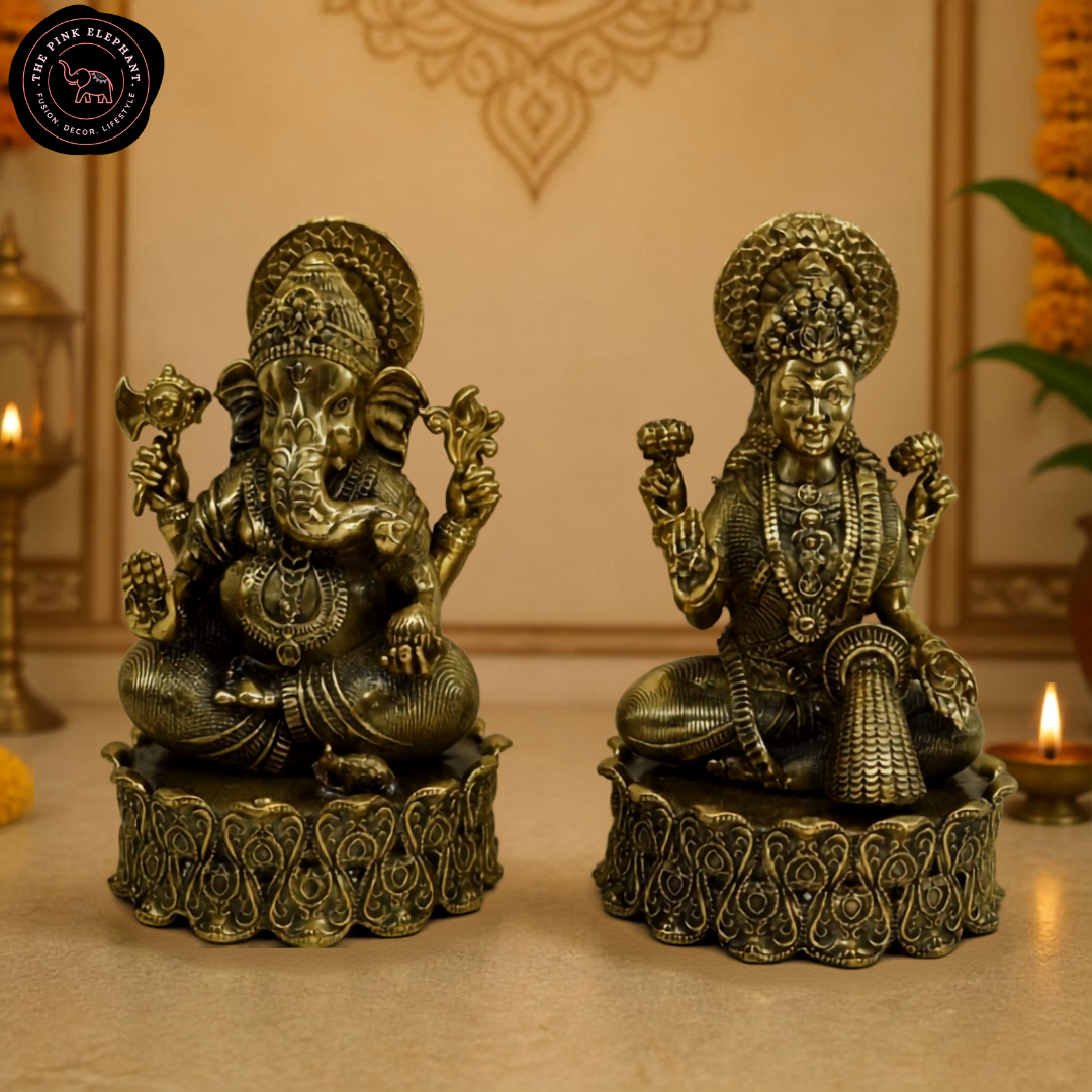 Brass Laxmi Ganesh Statue Pair Curly Bottom