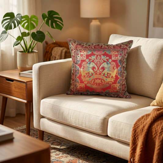 Silk Red Elephant Cushion Cover 16"x 16"