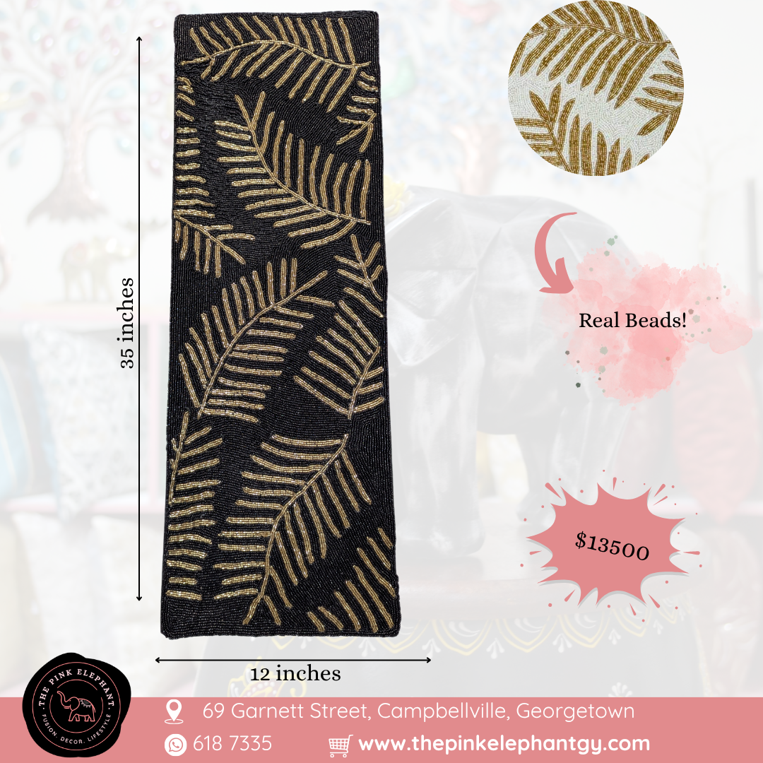 Black Feather Beaded Table Runner