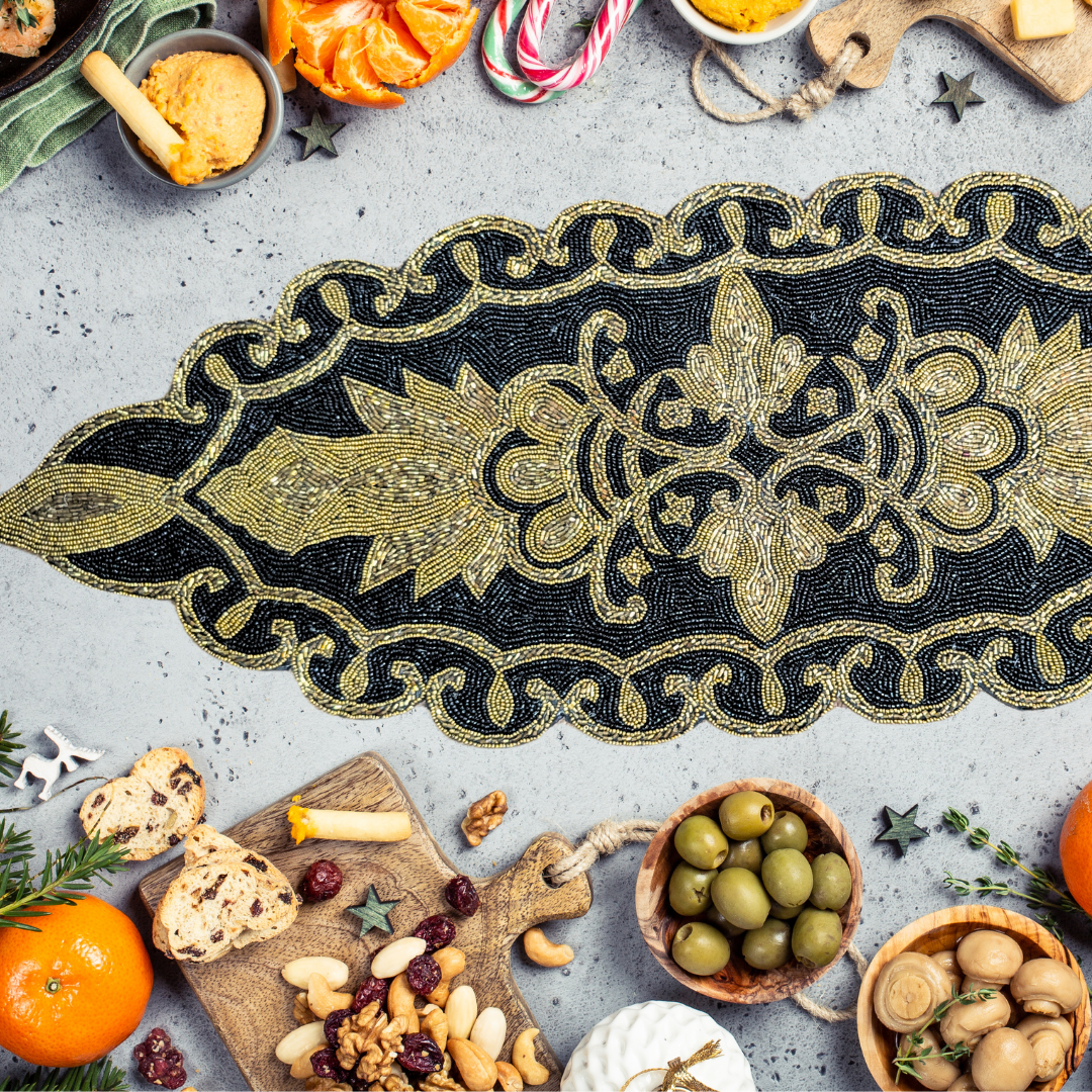 Black and Gold Beaded Centre Table Runner (Oval)