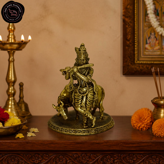 Brass Krishna with Cow Statue - Small