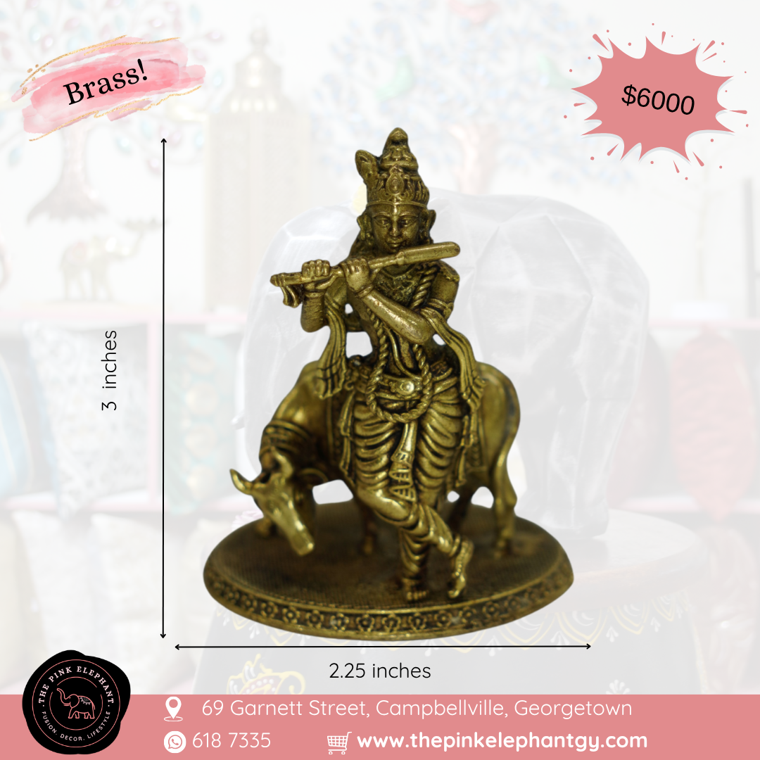 Brass Krishna with Cow Statue - Small