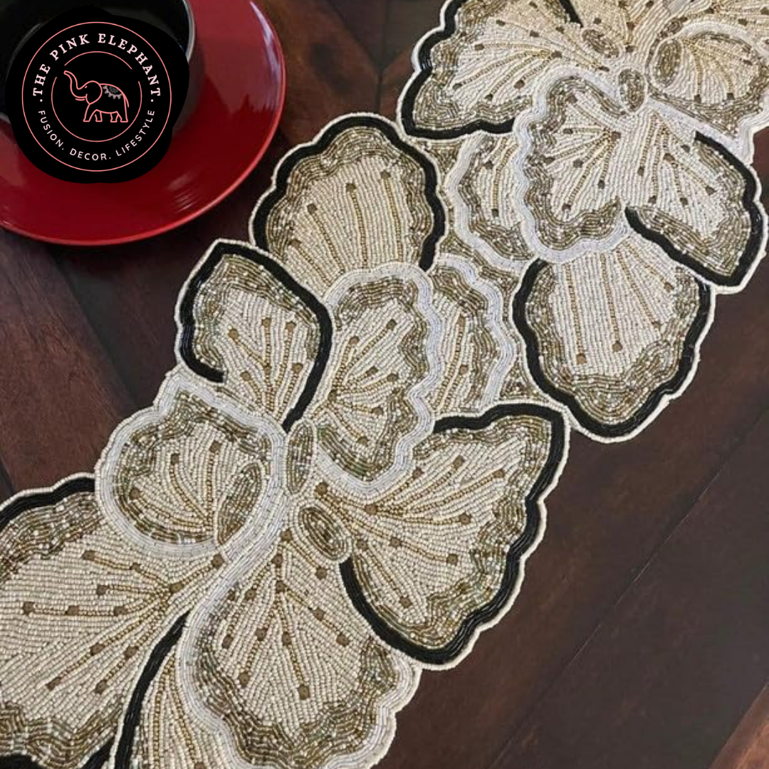 Black and White Petals Beaded Table Runner