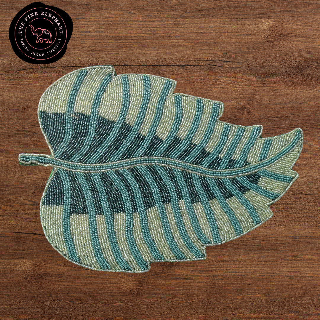 Hand Beaded Placemat- Green Leaf